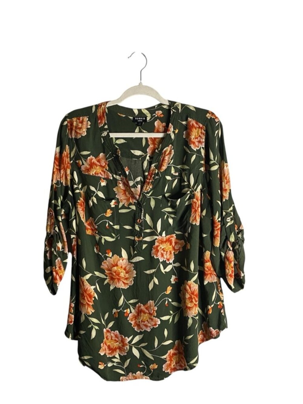 Torrid Women's Dark Green Floral Orange Blooms Henley Blouse